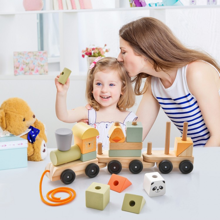 Colorful wooden train set with stackable blocks, featuring animal patterns, for fun and skill development in kids.