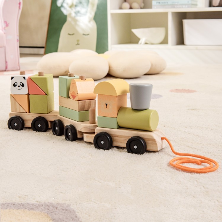 Colorful 3-section wooden train set with stackable blocks, promoting fine motor skills and imaginative play for kids.