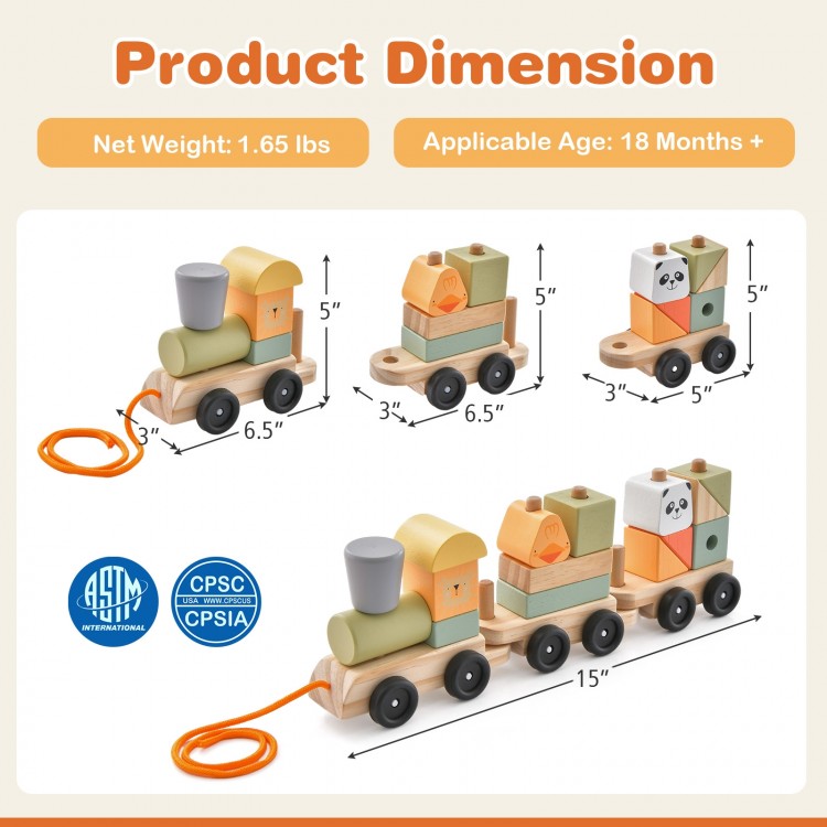 3-section wooden train set with stackable blocks, featuring animal patterns and a tow rope for easy pulling.