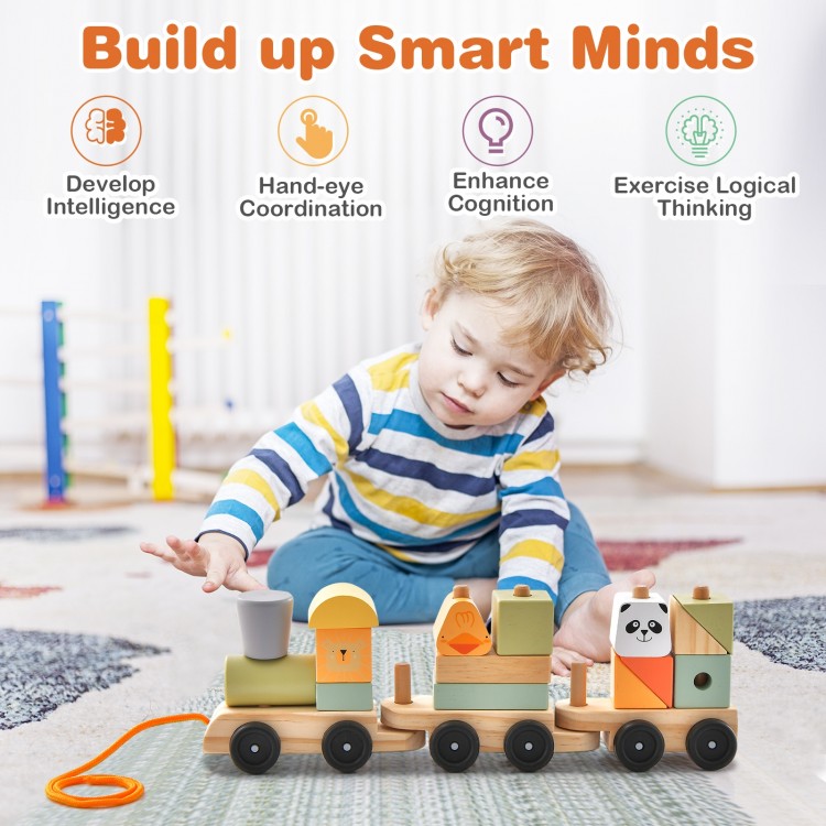 Colorful 3-section wooden train set with stackable blocks, promoting hand-eye coordination and logical thinking skills.