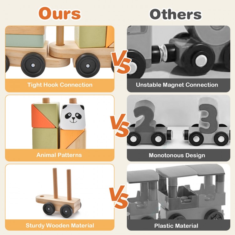 3-section wooden train set with stackable blocks, featuring cute animal patterns and sturdy construction for safe play.