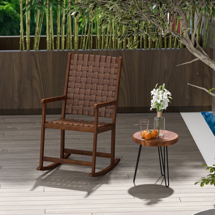 Brown patio wood rocking chair with PU seat, set on a balcony for cozy relaxation and elegant outdoor decor.