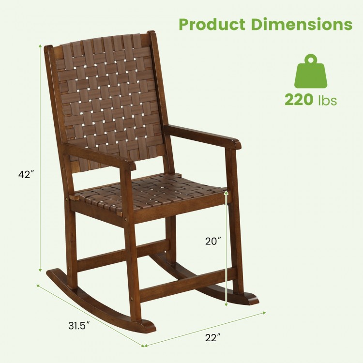 Brown patio wood rocking chair with PU seat, rubber wood frame, and dimensions for indoor and outdoor use.