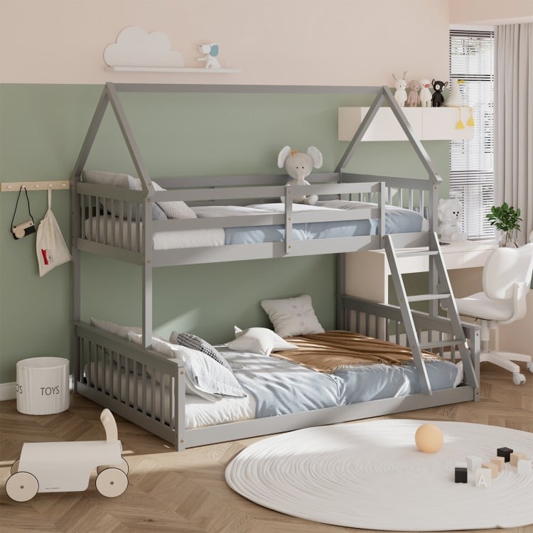 Twin over full house bunk bed in gray with ladder and guardrails, perfect for kids' rooms and space-saving solutions.