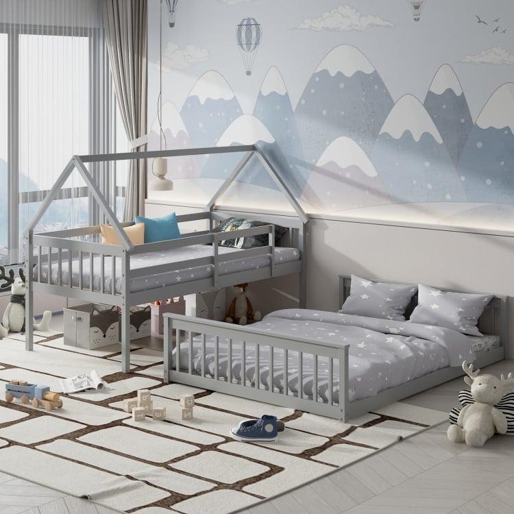 Twin over full house bunk bed in gray with ladder and guardrails, ideal for kids' rooms and space-saving solutions.