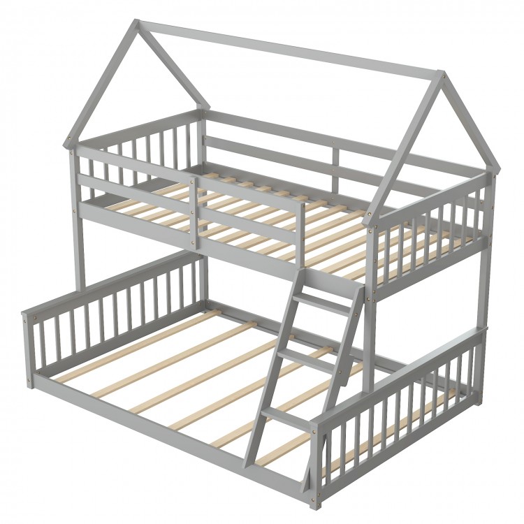 Gray twin over full house bunk bed featuring a sturdy wooden frame and slatted design, ideal for maximizing floor space.