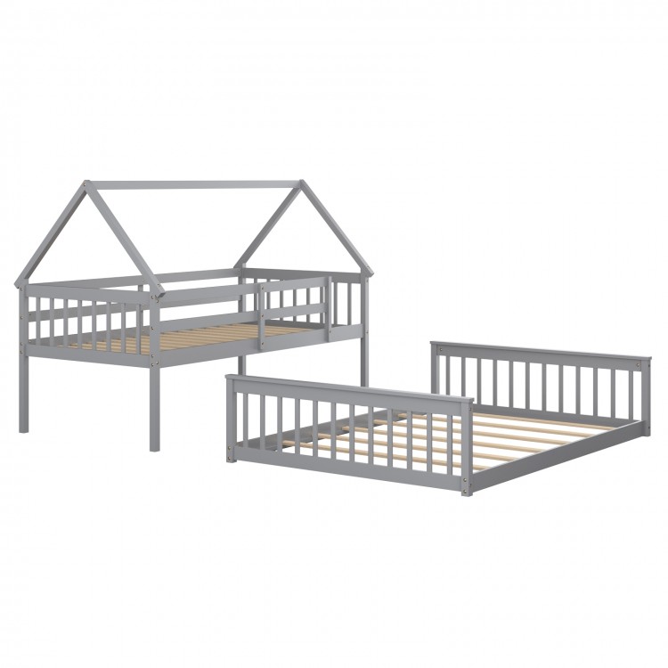 Side view of the twin over full house bunk bed in gray, featuring an adorable house-shaped design and sturdy wooden.