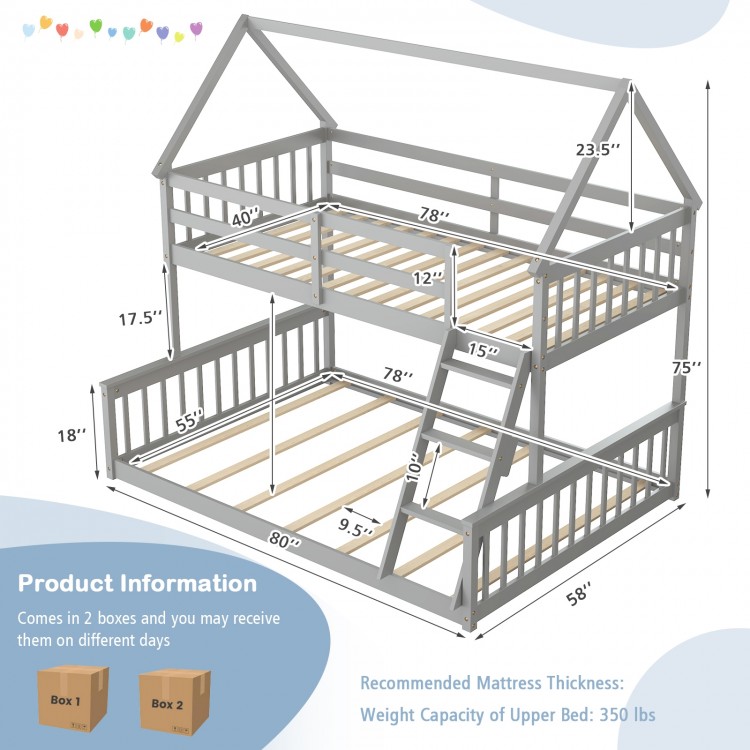 Detailed view of the twin over full house bunk bed in gray, showcasing the sturdy slatted base and ladder design for.