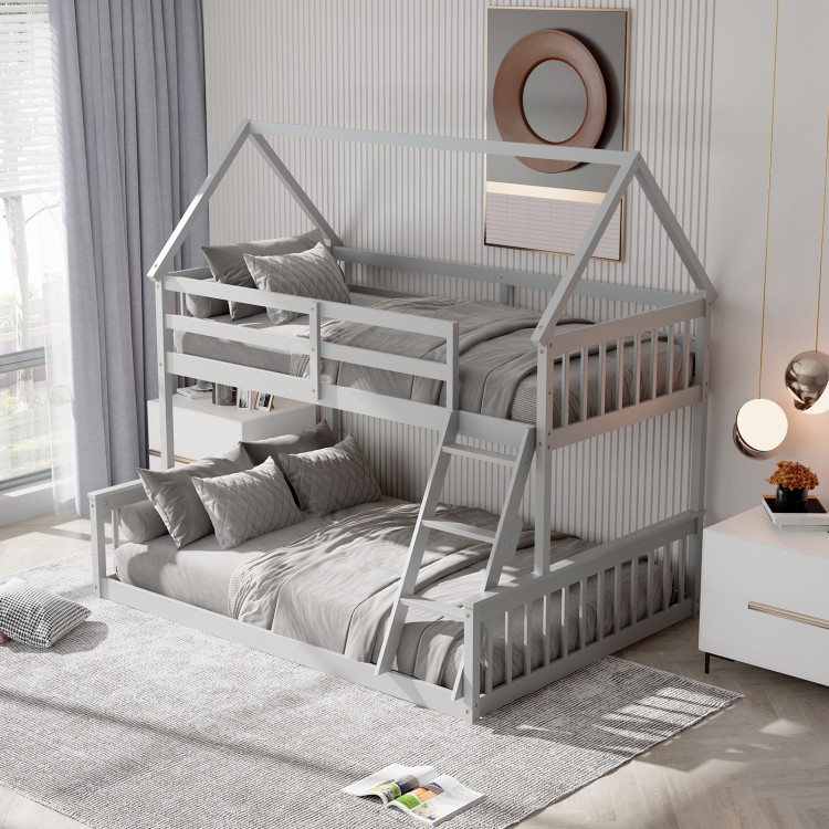 House-shaped gray twin over full bunk bed showcasing the lower full bed, perfect for versatile sleeping arrangements.
