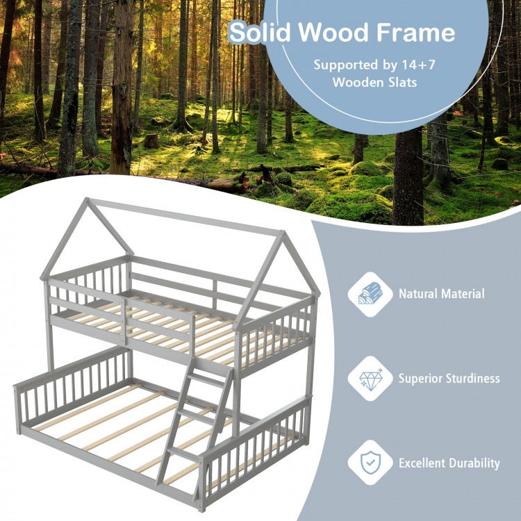 Twin over full house bunk bed in gray with solid wood frame, ladder, and guardrails, ideal for kids' rooms.
