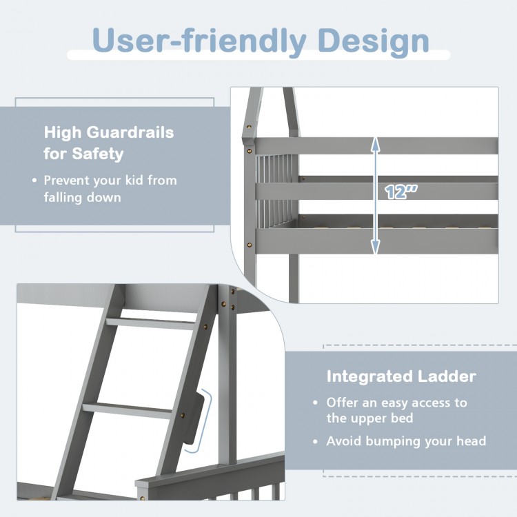 Twin over full house bunk bed in gray with integrated ladder and high guardrails for added safety in kids' rooms.