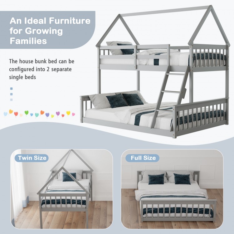 Close-up of the house bunk bed's solid pine wood frame in gray, highlighting its sturdy construction and charming.