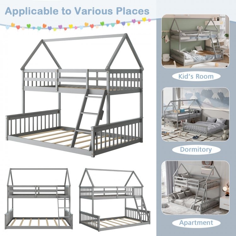 Twin over full house bunk bed in gray with ladder and guardrails, perfect for kids' rooms or shared spaces.