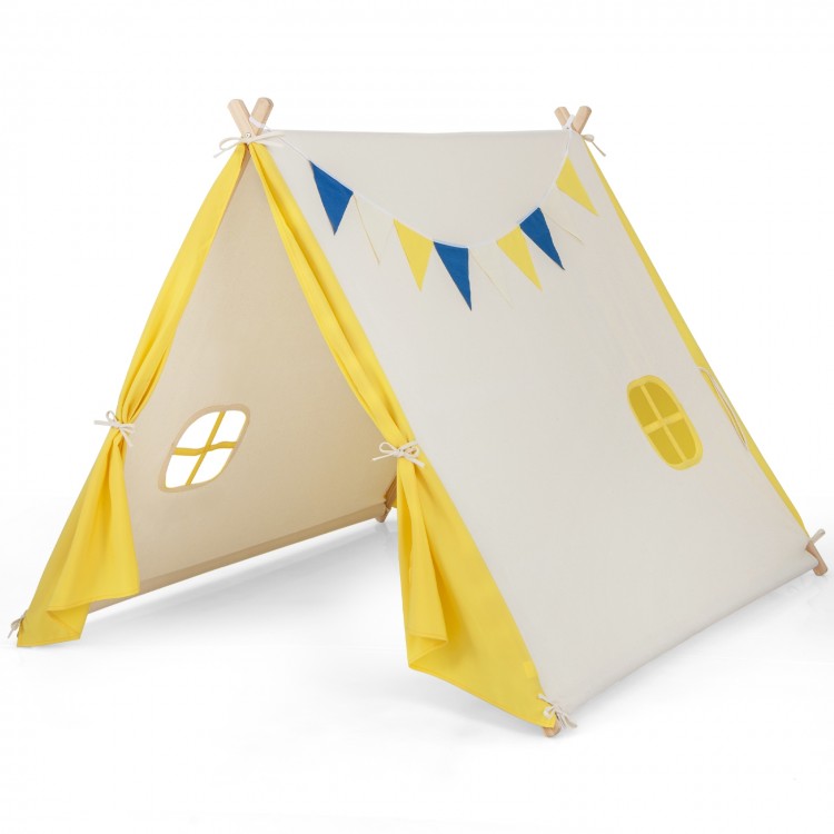 Kids play tent in yellow with solid wood frame, featuring windows and decorative flags, perfect for indoor and outdoor.