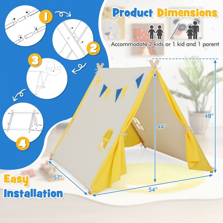 Kids play tent with solid wood frame, yellow canopy, and cute windows, perfect for indoor and outdoor fun.