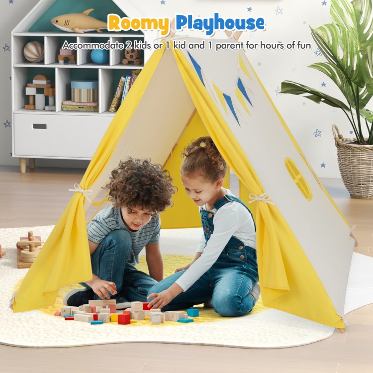 Kids play tent in yellow with solid wood frame, perfect for indoor or outdoor fun for 2 kids or 1 parent.