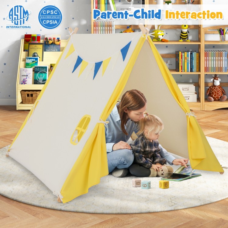 Kids play tent with solid wood frame in yellow, perfect for indoor and outdoor fun, featuring cute windows and flags.