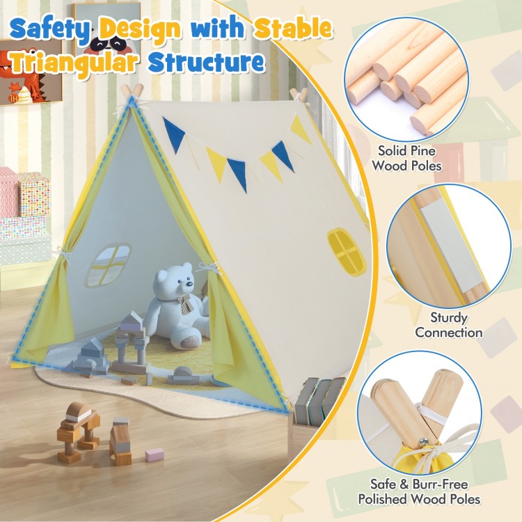 Kids play tent in yellow with solid pine wood frame, featuring a stable triangular structure for safe indoor and.