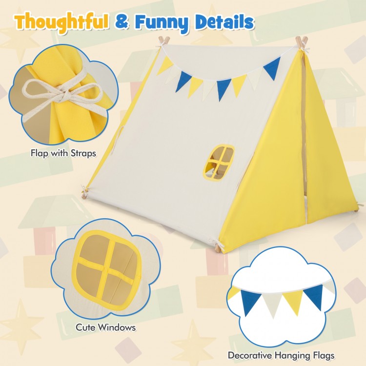 Kids play tent in yellow with cute windows and decorative hanging flags, perfect for indoor and outdoor fun.