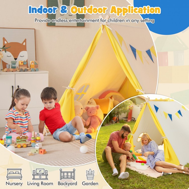Kids play tent in yellow with solid wood frame, perfect for indoor and outdoor fun in nursery or backyard settings.