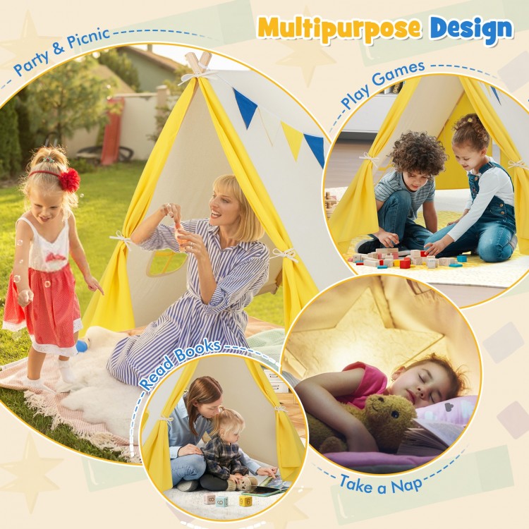 Kids play tent in yellow with solid wood frame, perfect for reading, napping, or playing games indoors and outdoors.