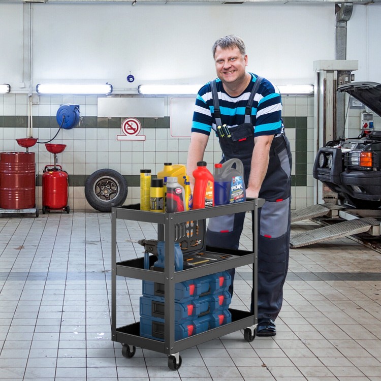 3-tier black metal utility cart with flat handle and lockable wheels, ideal for storing tools in garages or workshops.