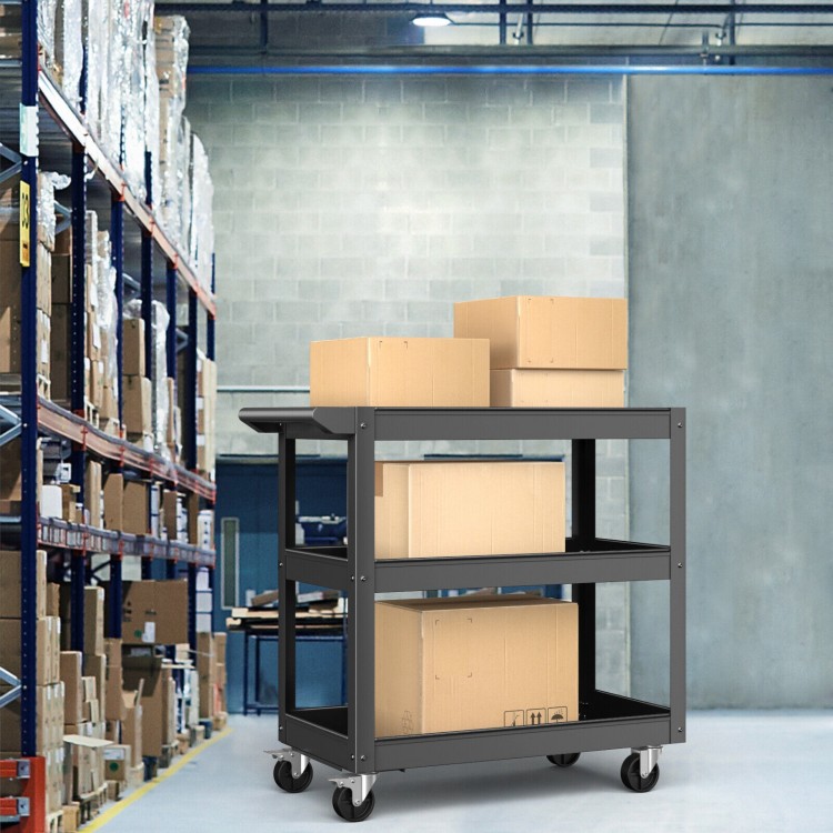 3-tier black metal utility cart with flat handle and lockable wheels, ideal for heavy-duty storage in various settings.