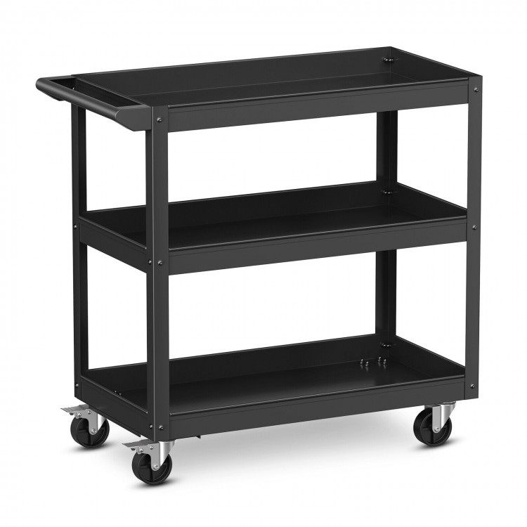 Black 3-tier metal utility cart with flat handle and lockable wheels, ideal for garages, kitchens, and workshops.