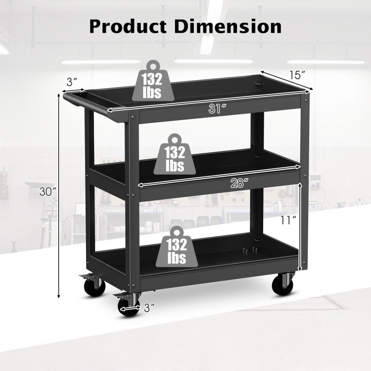 3-tier black metal utility cart with dimensions, featuring lockable wheels and a 110 lbs capacity per shelf for.