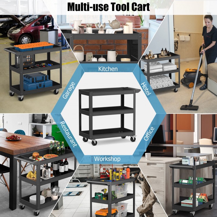 3-tier black metal utility cart with lockable wheels, ideal for kitchens, offices, and workshops for heavy-duty storage.