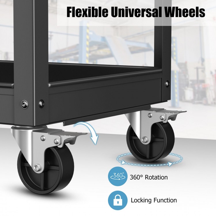 Close-up of the 360° rotating lockable wheels on a black 3-tier metal utility cart for easy maneuverability.