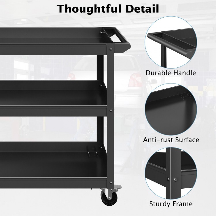 3-tier black metal utility cart with flat handle, sturdy frame, and lockable wheels for versatile storage and easy.