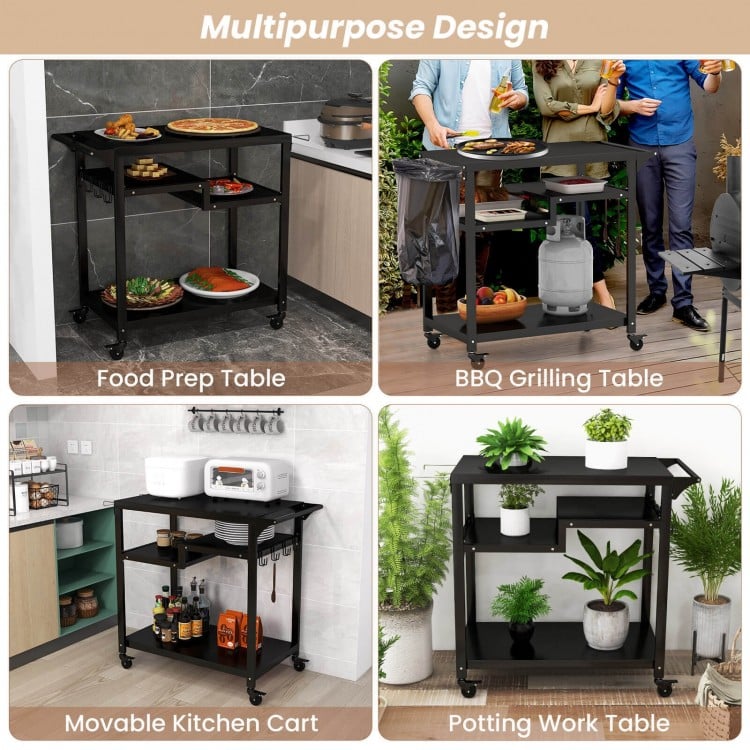 Rolling grill cart with three shelves, hooks, and side handle, ideal for BBQs and food prep in kitchens or outdoor.