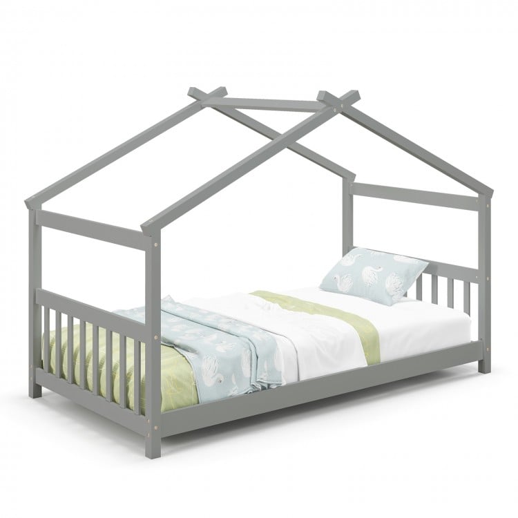 Twin size gray wooden house bed with roof design, perfect for themed kids' rooms and easy access for children.