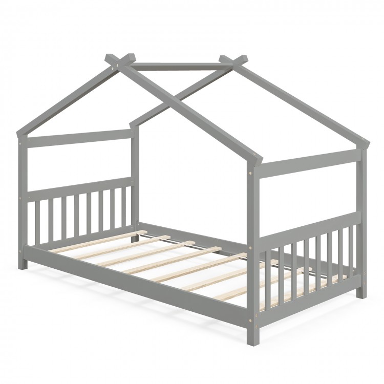 Twin size gray wooden house bed frame with roof design, featuring sturdy slats for kids' themed room decor.
