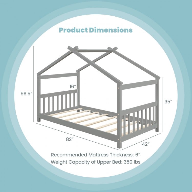 Twin size wooden house bed in gray with roof, featuring solid wood slats for stability, perfect for kids' themed rooms.