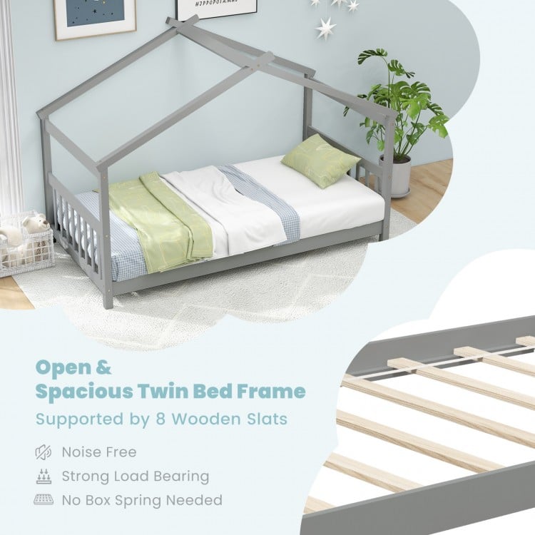Twin size wooden house bed frame in gray with roof, featuring 8 sturdy slats for stability, ideal for kids' themed.