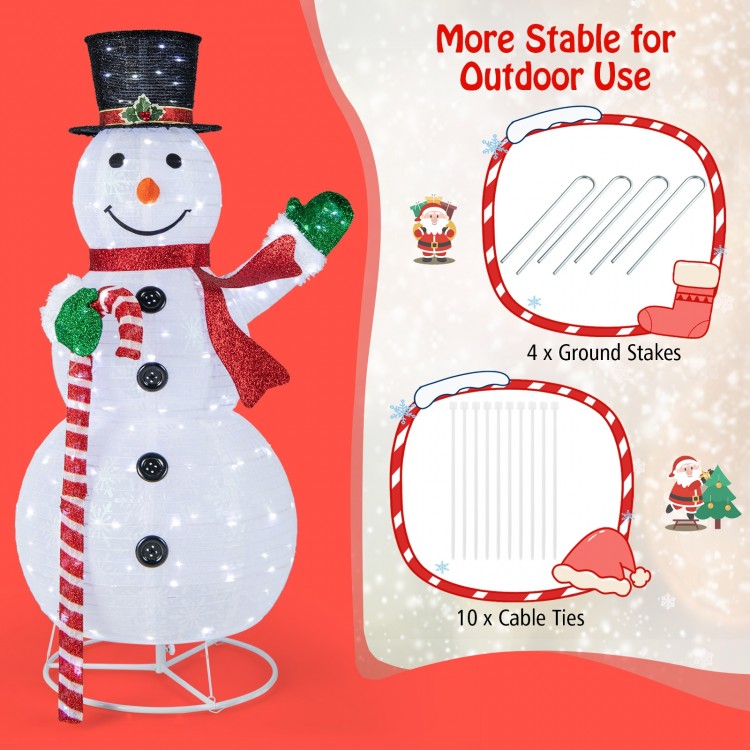 5FT pop-up Christmas snowman with 180 LED lights, featuring ground stakes and cable ties for outdoor stability.