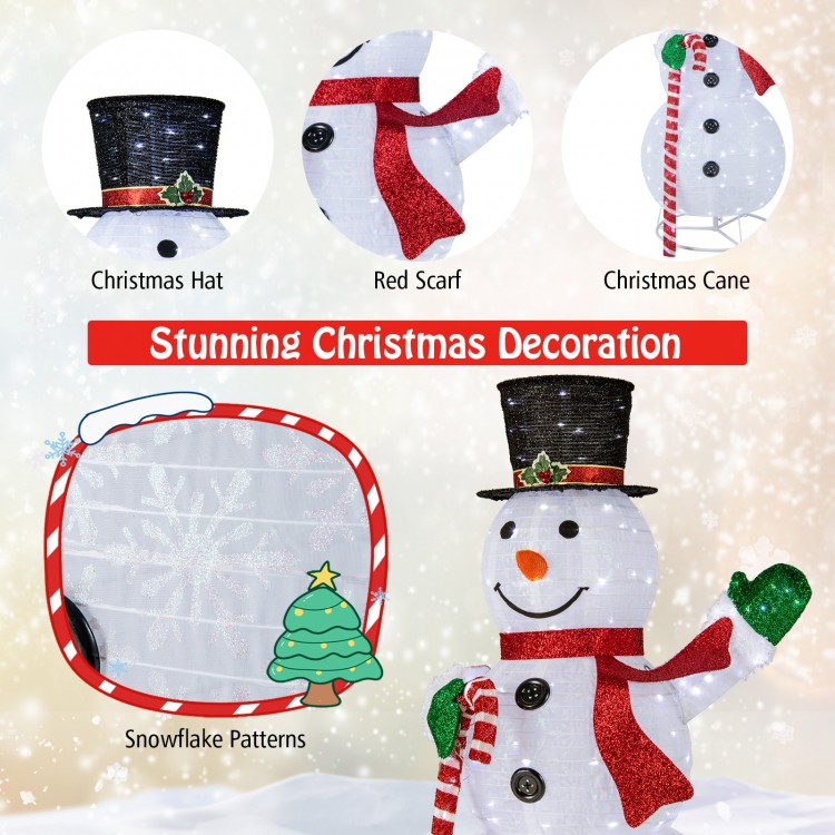 5FT pop-up Christmas snowman with 180 LED lights, featuring a festive hat, scarf, and cane for outdoor holiday.