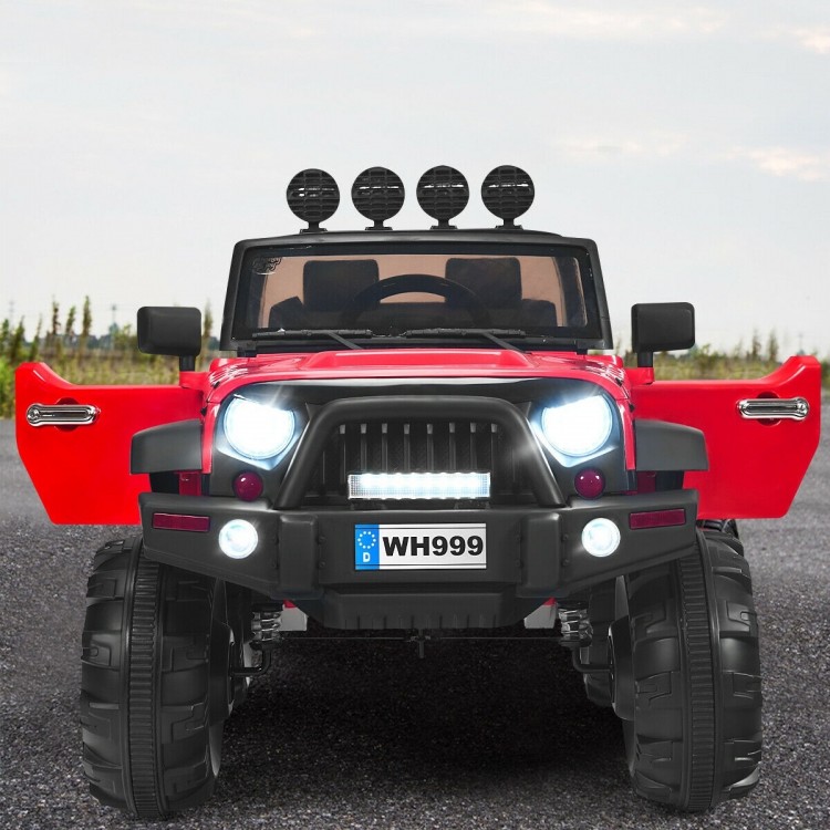 Red 12V kids ride-on truck with remote control, LED lights, and double magnetic doors for fun outdoor play.