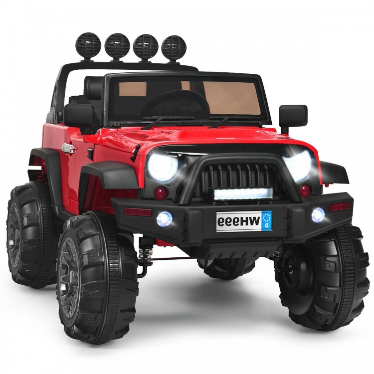 Red 12V kids ride-on truck with remote control, LED lights, and double magnetic doors for fun outdoor adventures.