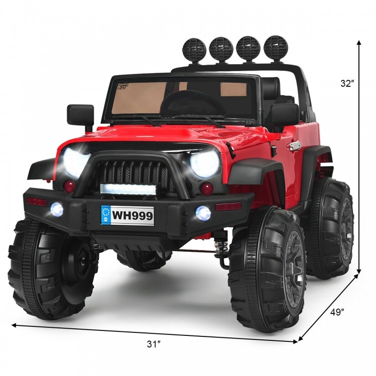 Red 12V kids ride-on truck with remote control, LED lights, and spacious seat, perfect for outdoor fun and play.