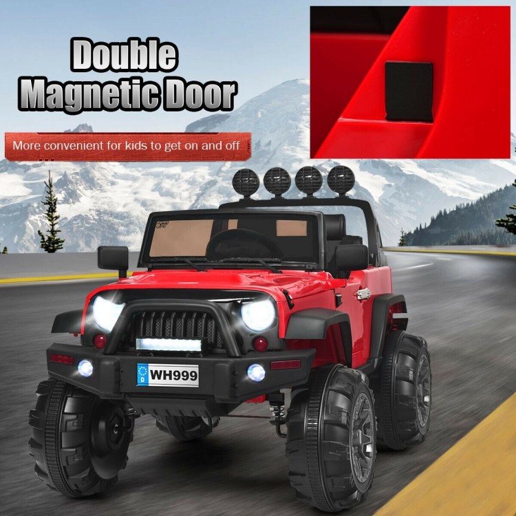 Red 12V kids ride-on truck with remote control, featuring double magnetic doors and LED lights for fun outdoor play.