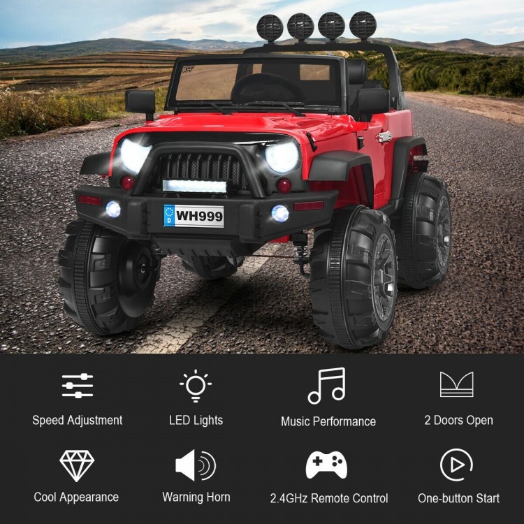 Red 12V kids ride-on truck with powerful drive motors, oversized wheels, and one-button start for easy operation.