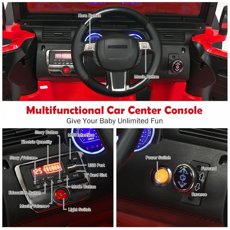 Multifunctional car center console of the 12V Kids Ride On Truck, featuring AUX input, USB port, and power controls.