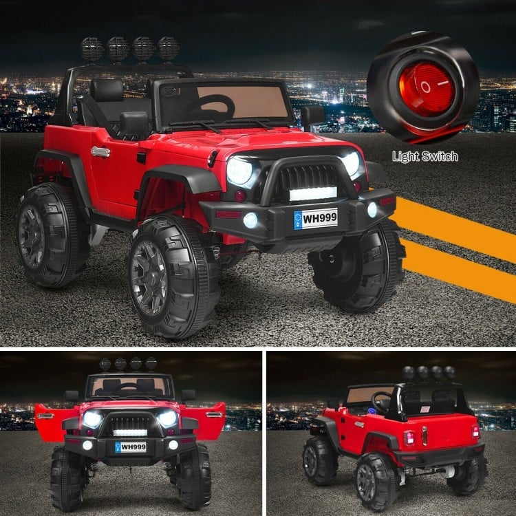 Red 12V kids ride-on truck with remote control, LED lights, and double magnetic doors for outdoor fun.