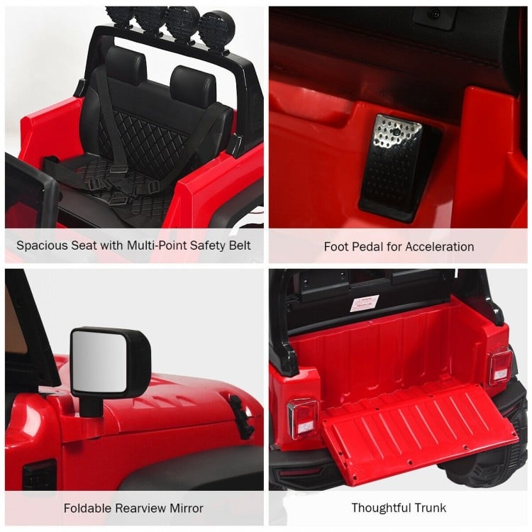 Spacious seat with multi-point safety belt in the red 12V kids ride-on truck, designed for safety and comfort.