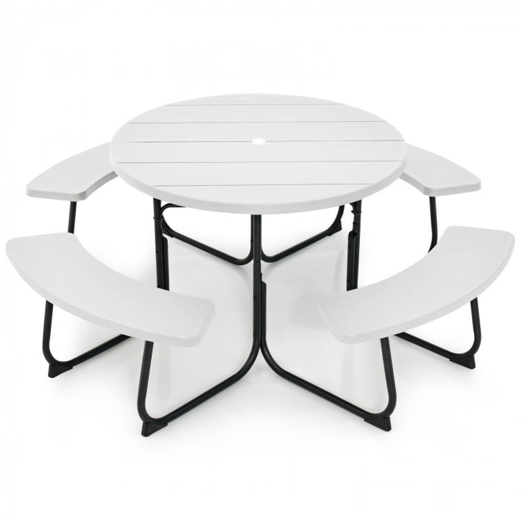 Round 8-person outdoor picnic table set with white HDPE surface and metal frame, featuring an umbrella hole for.