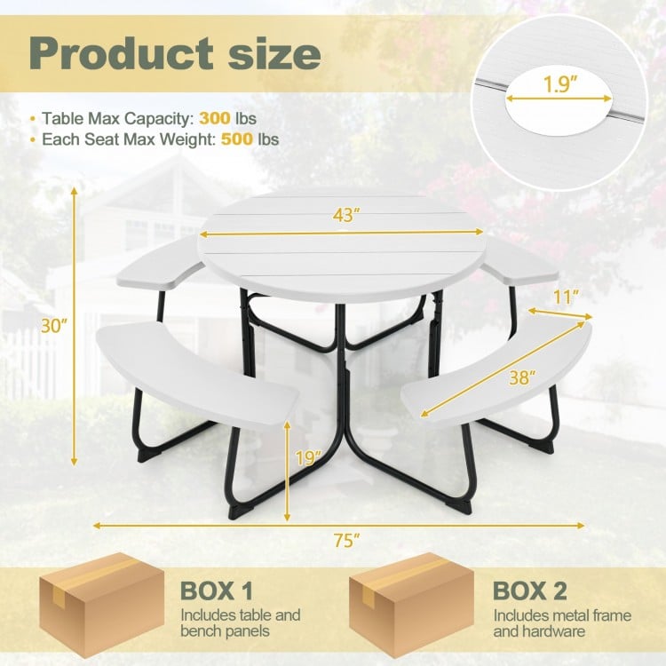 8-person outdoor picnic table and bench set in white, featuring a 1.9" umbrella hole and durable HDPE material.
