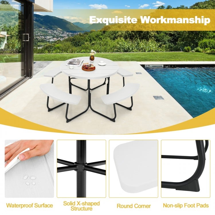 Round outdoor picnic table set for 8 with umbrella hole, crafted from all-weather HDPE and featuring a stable metal.